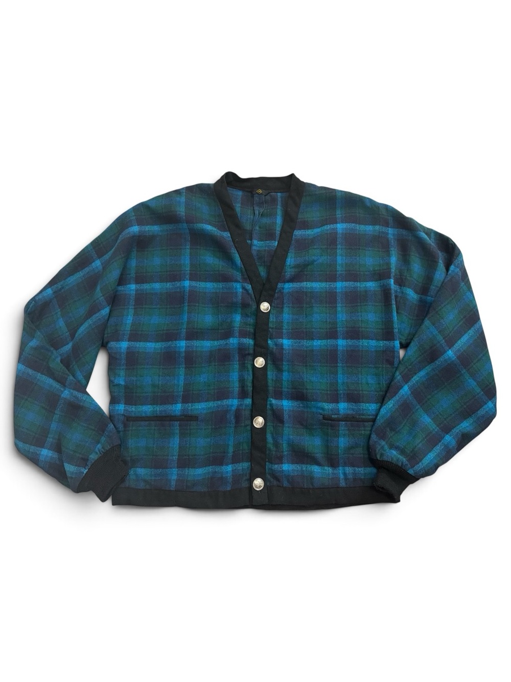 Vintage Pendleton Men's M Pure Virgin Wool Blue/Green Plaid Cardigan/Sweater